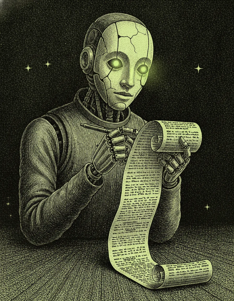 A porcelain robot reading a very long receipt
